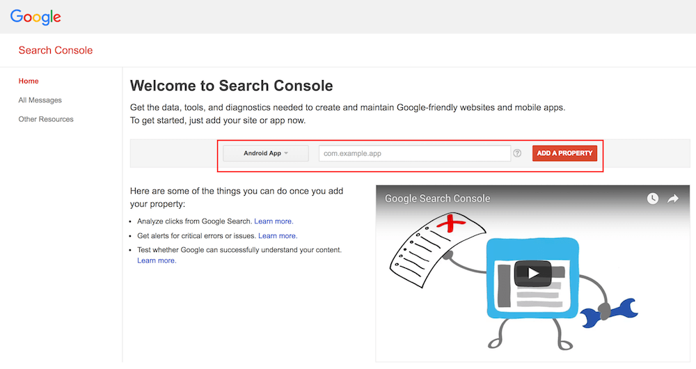 Google Search Console - Thêm ứng dụng